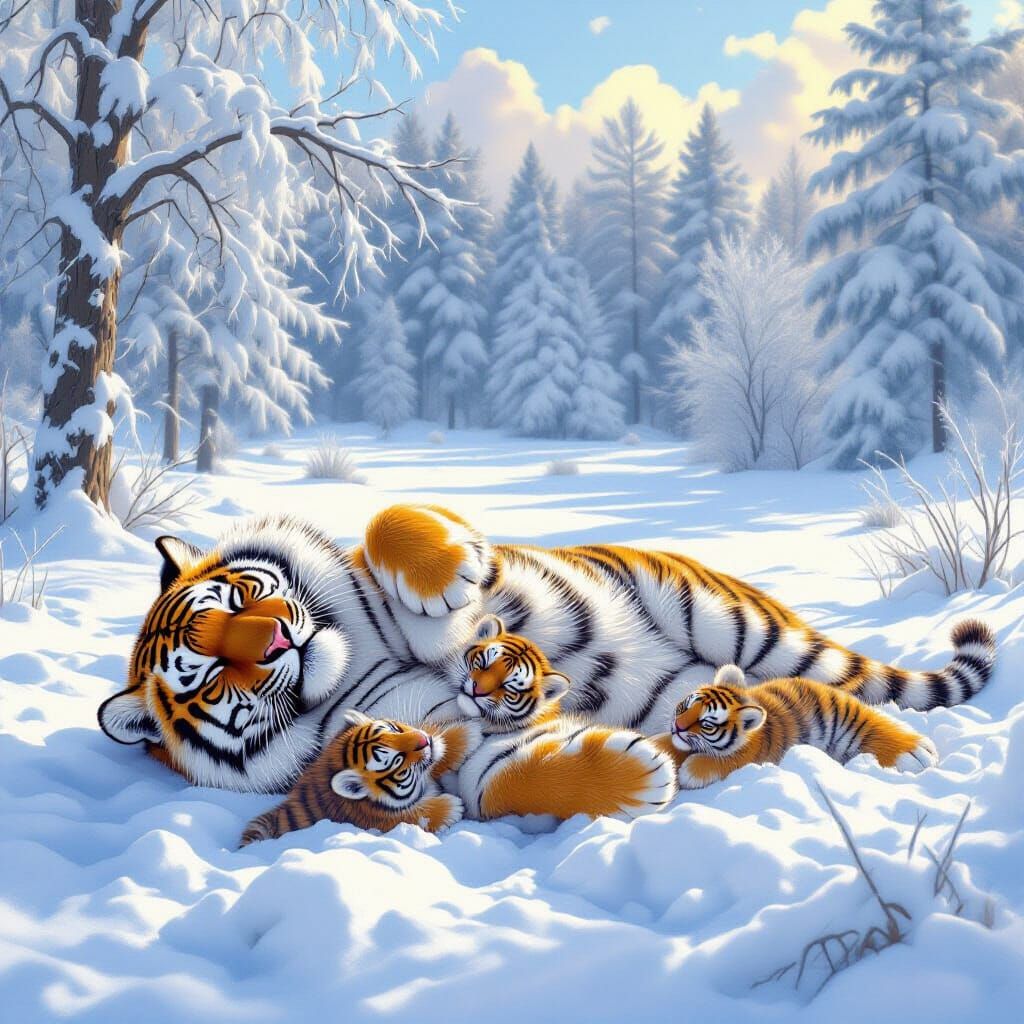 Tiger Mom and Cubs in Snowy Landscape