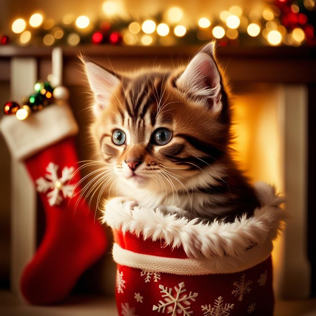 Christmas Kitten Hides in Stocking