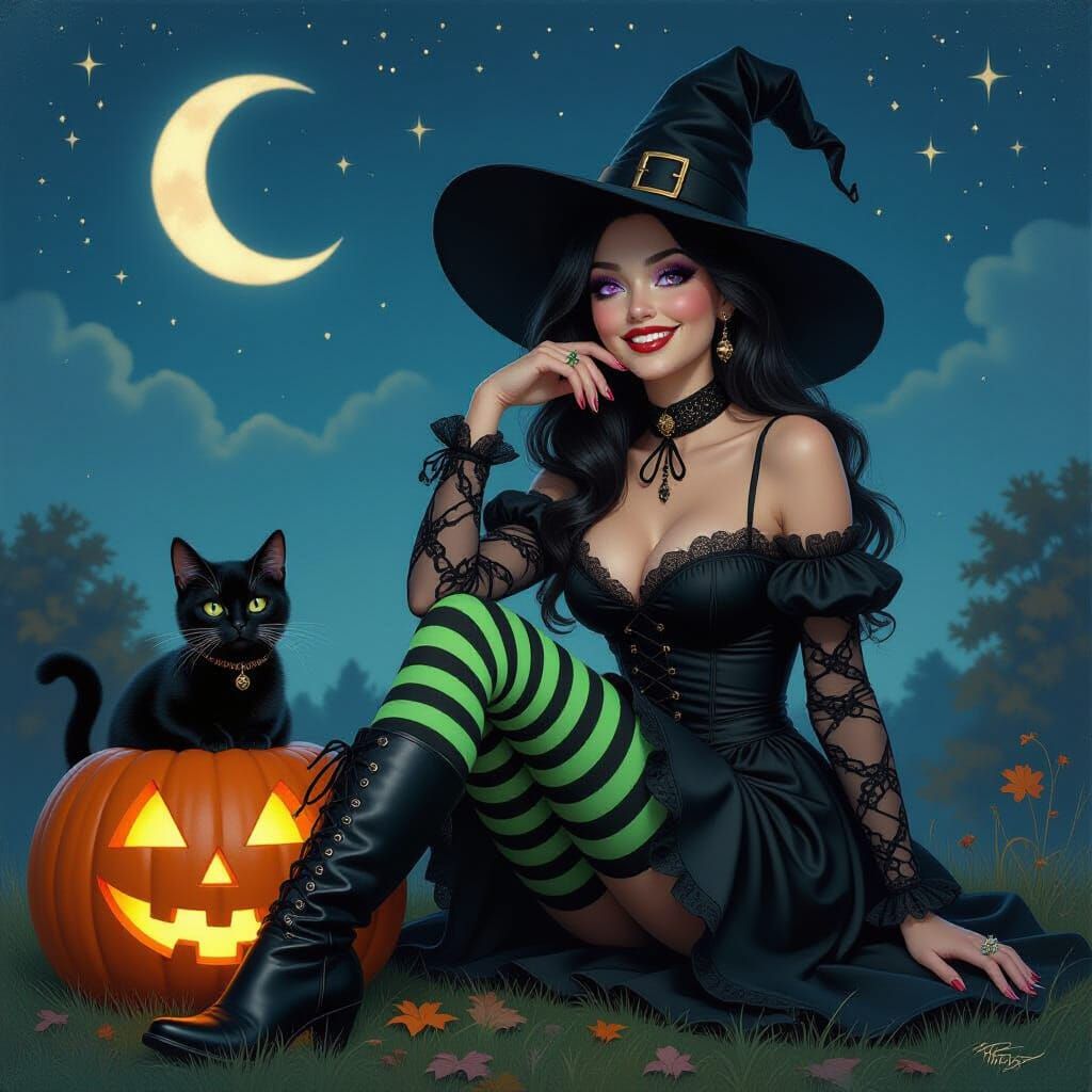Hyperrealistic Witch with Pumpkin and Black Cat