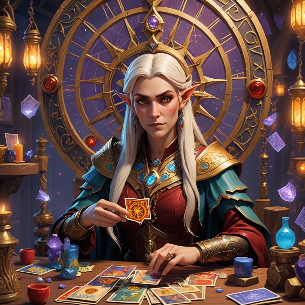Older Blood Elf Reads Tarot Cards: 3D Digital Art