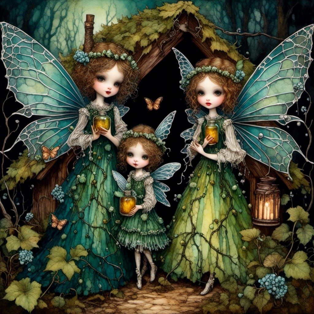 Dark Fairies Swap a Changeling, Alcohol Ink Illustration