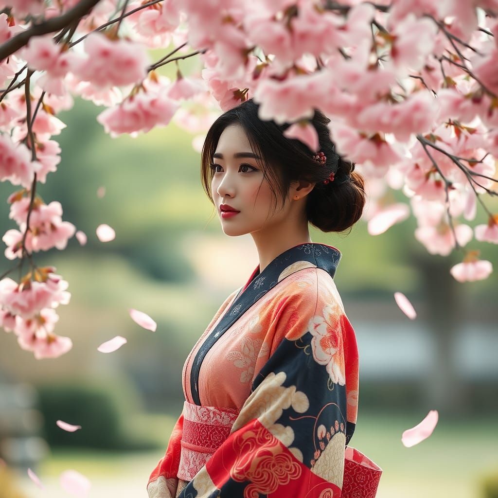Kimono Woman Under Cherry Blossoms in Japanese Garden