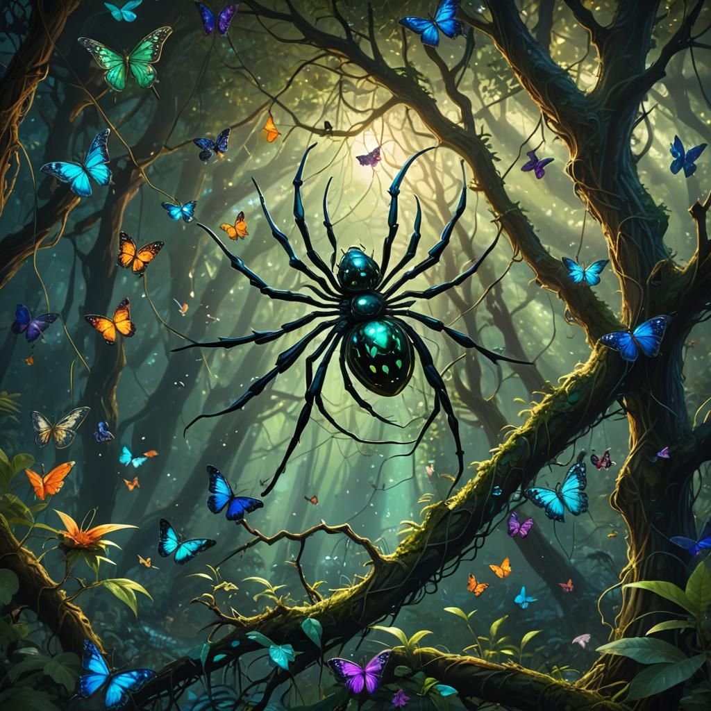 Giant Spider in Butterfly Forest: Digital Matte Painting