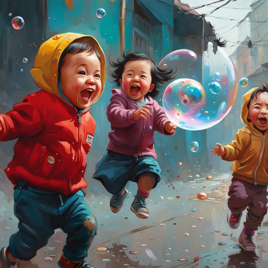 Toddlers Chase Bubbles in Matte Oil Painting