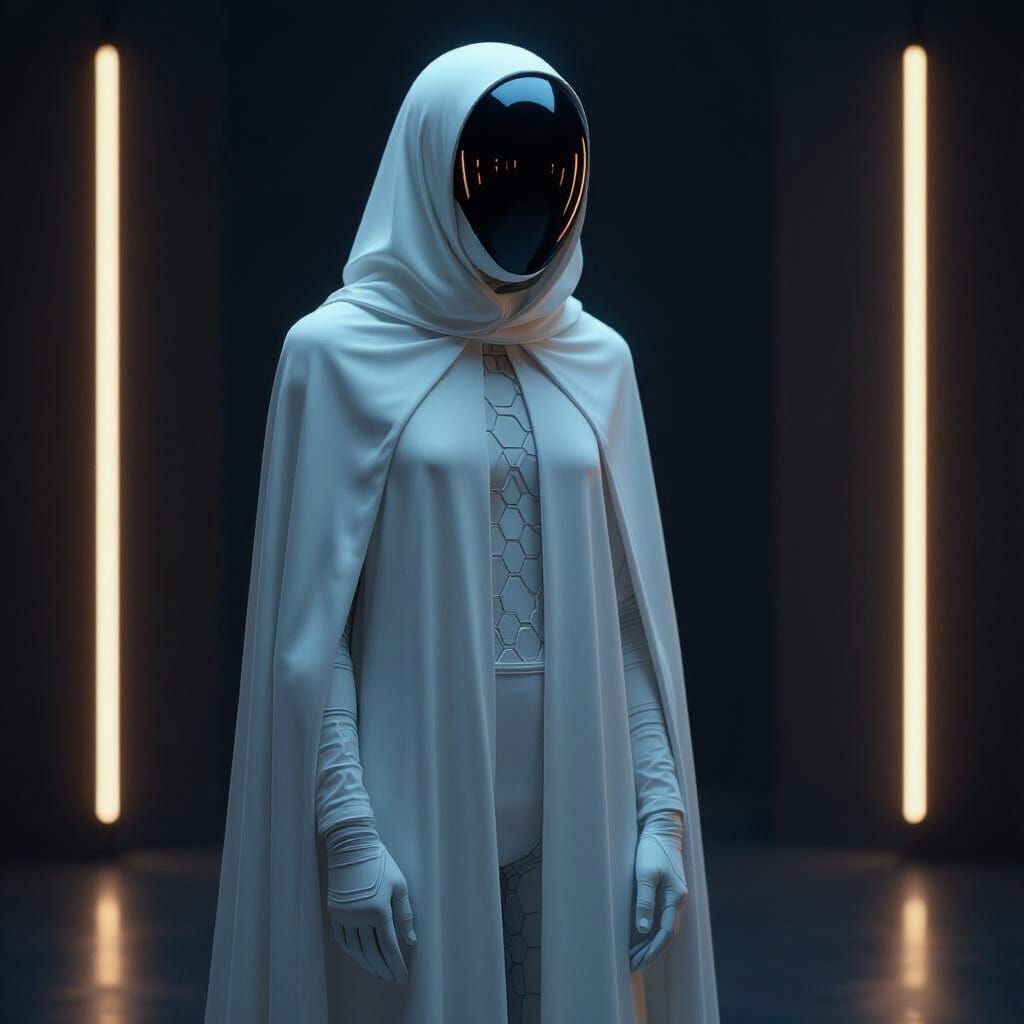 Mysterious Figure in Cloak and Helmet: Futuristic Digital Ar...