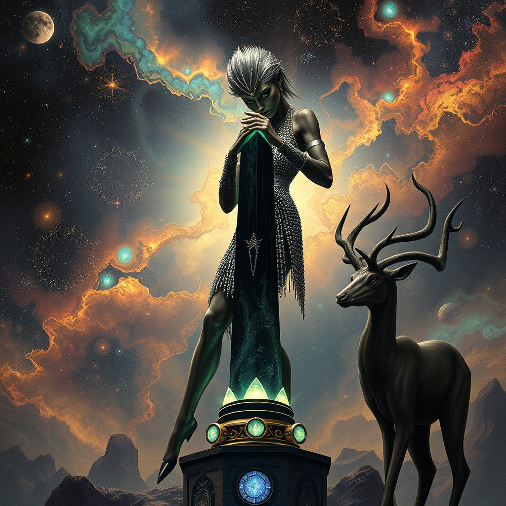 Art Deco Hominid Tunes Cosmic Obelisk in Dreamscape