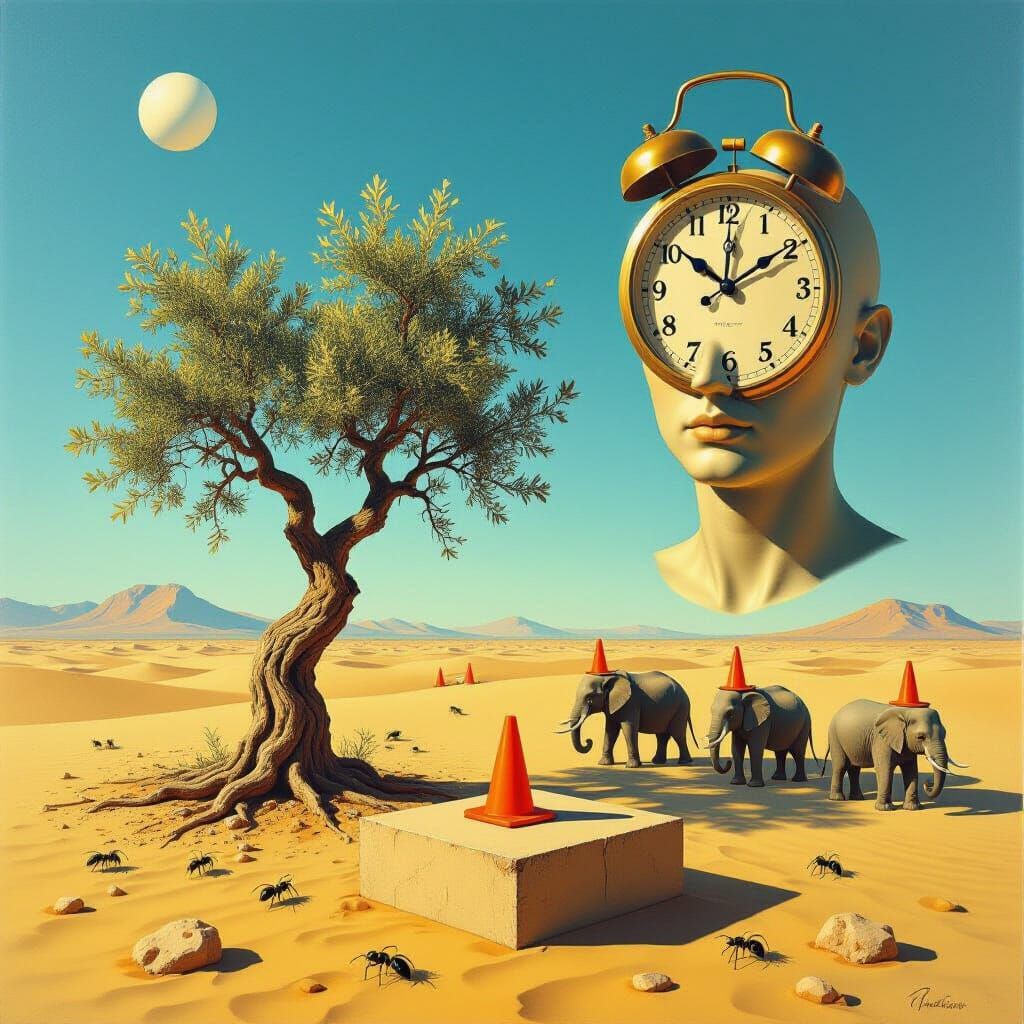 Surreal Desert Landscape with Melting Clock, Dali Style
