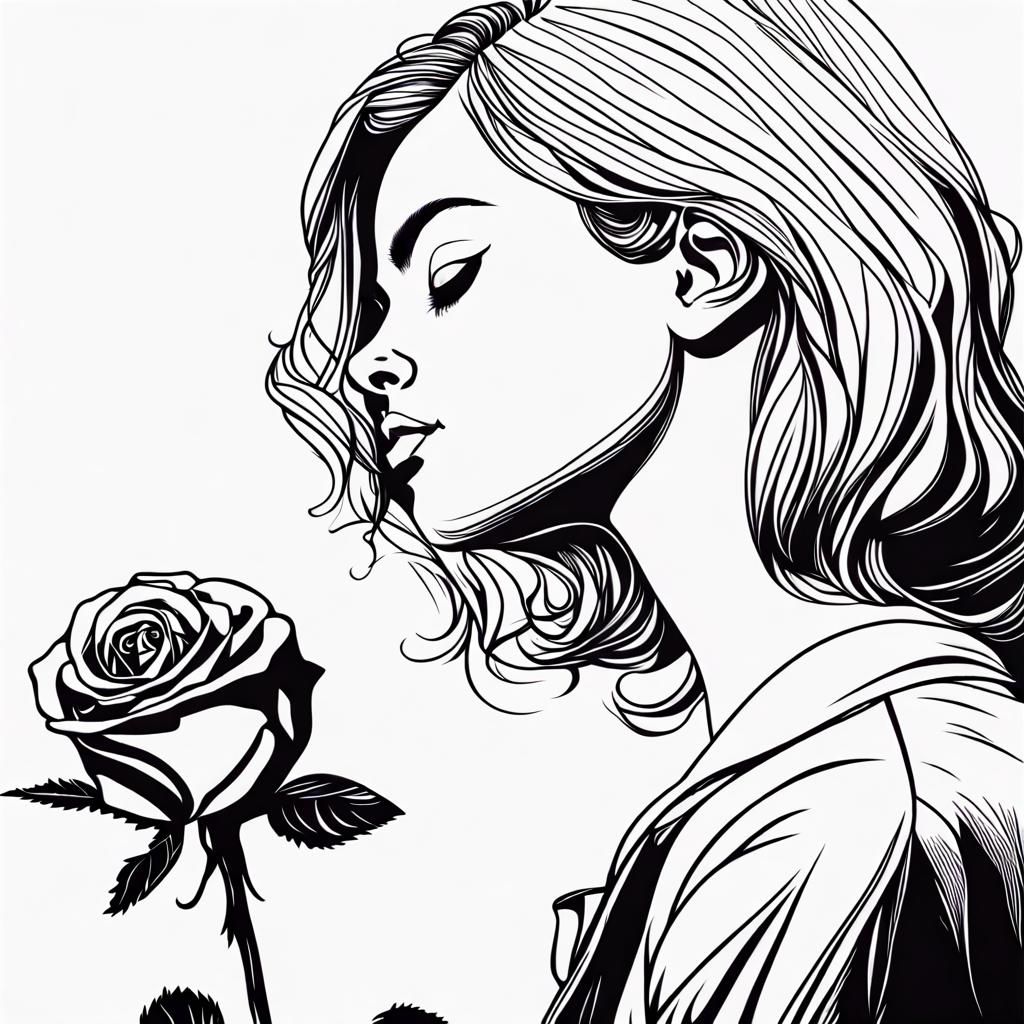 Monochrome Line Art: Girl and Rose Portrait