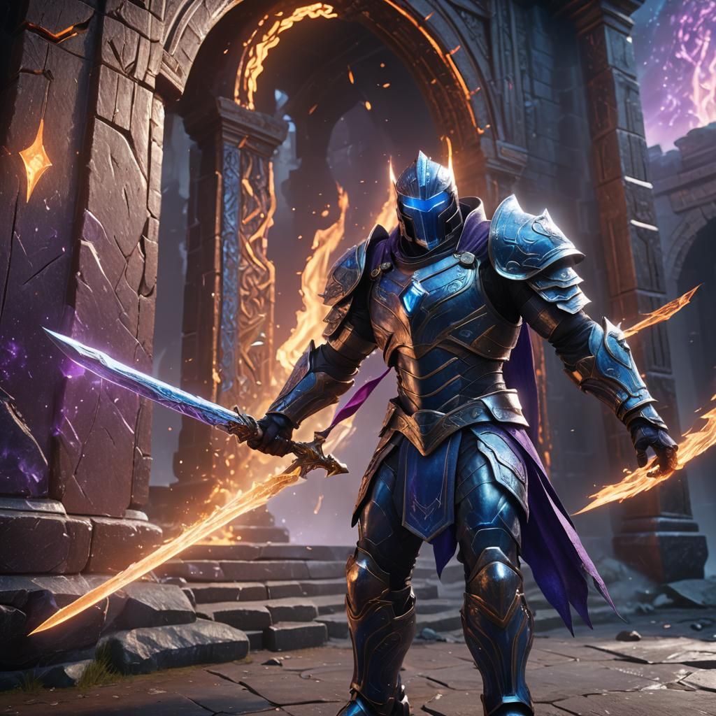 Superhero in Ancient Armor with Fiery Sword