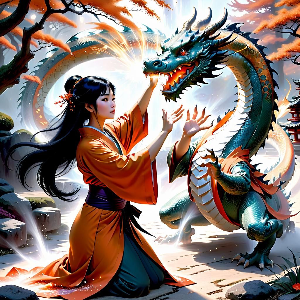 Woman Heals Dragon with Magic: Ethereal Fantasy Art