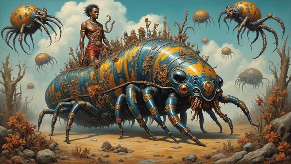 Tribal Rider on Millipede-Bus in Surreal Landscape