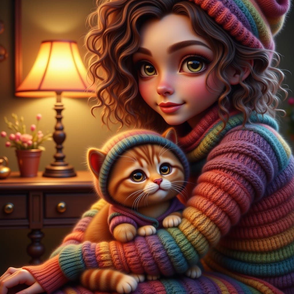 Woman and Cat in Matching Rainbow Outfits