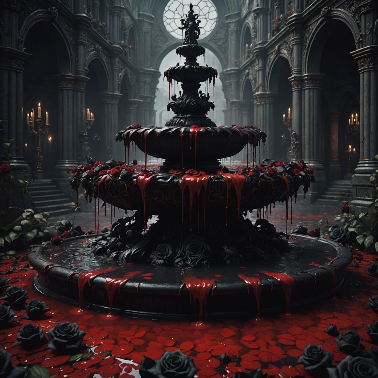 Fountain of Blood with Black Roses, Detailed Matte Painting