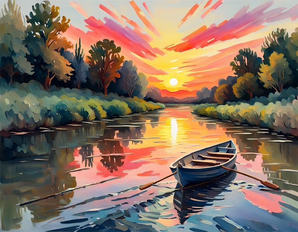 Sunset River Scene in Gouache Watercolor Style