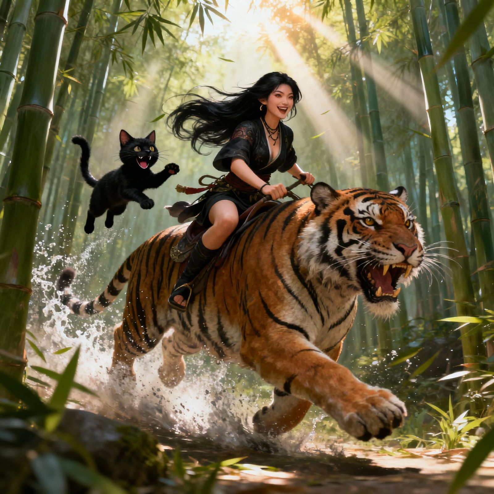 Woman Rides Tiger Through Bamboo Forest with Black Cat