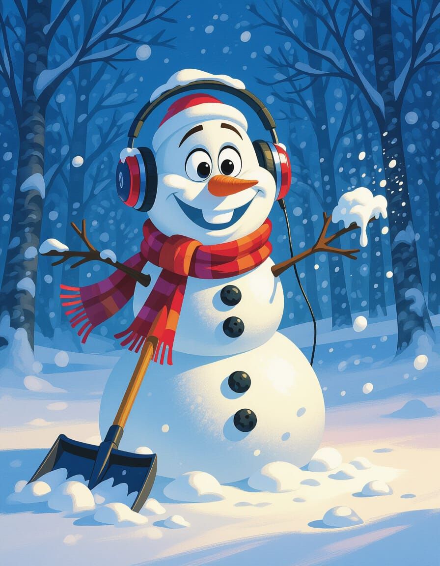 Cheerful Snowman Shoveling Snow While Listening to Music