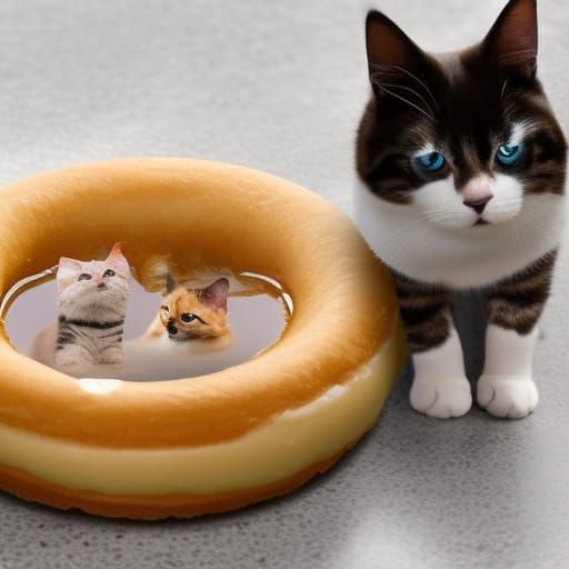 Surreal Winged Dog with Cats Enjoying Donut Table