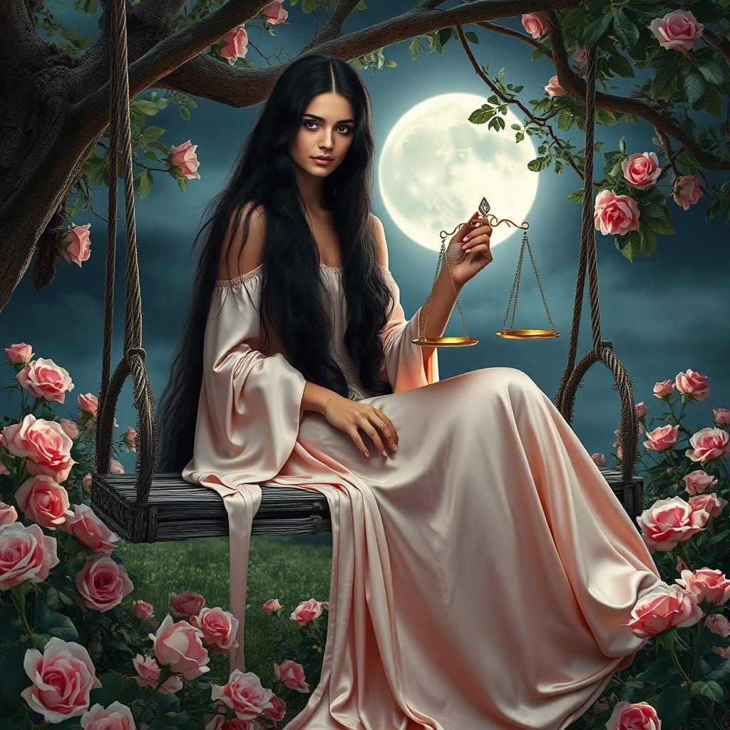 Celestial Woman on Swing in Moonlit Garden