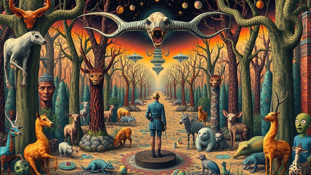 Cryptid Forest Collage in Surrealist Style