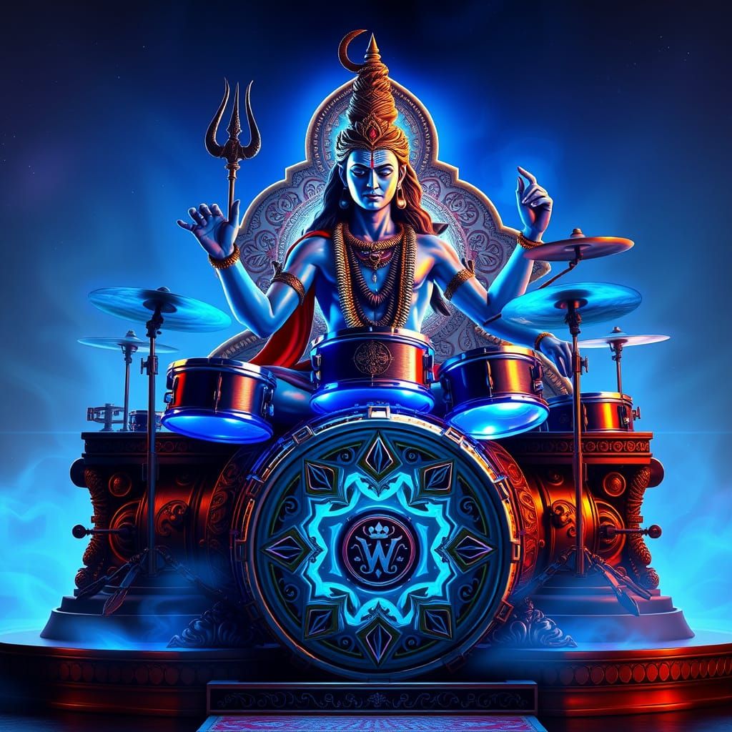 Lord Shiva as Cosmic Drummer in Futuristic Aesthetic