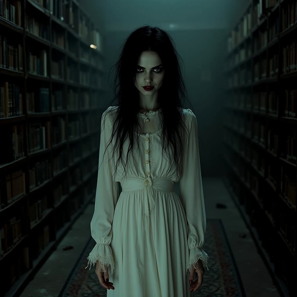 Pale Vampire Woman in Victorian Era Library