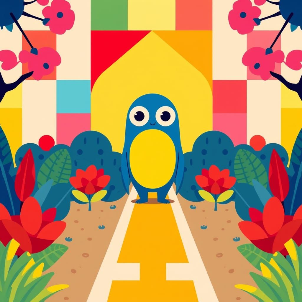 Vibrant Pop Art Garden Scene in Whimsical Illustration Style