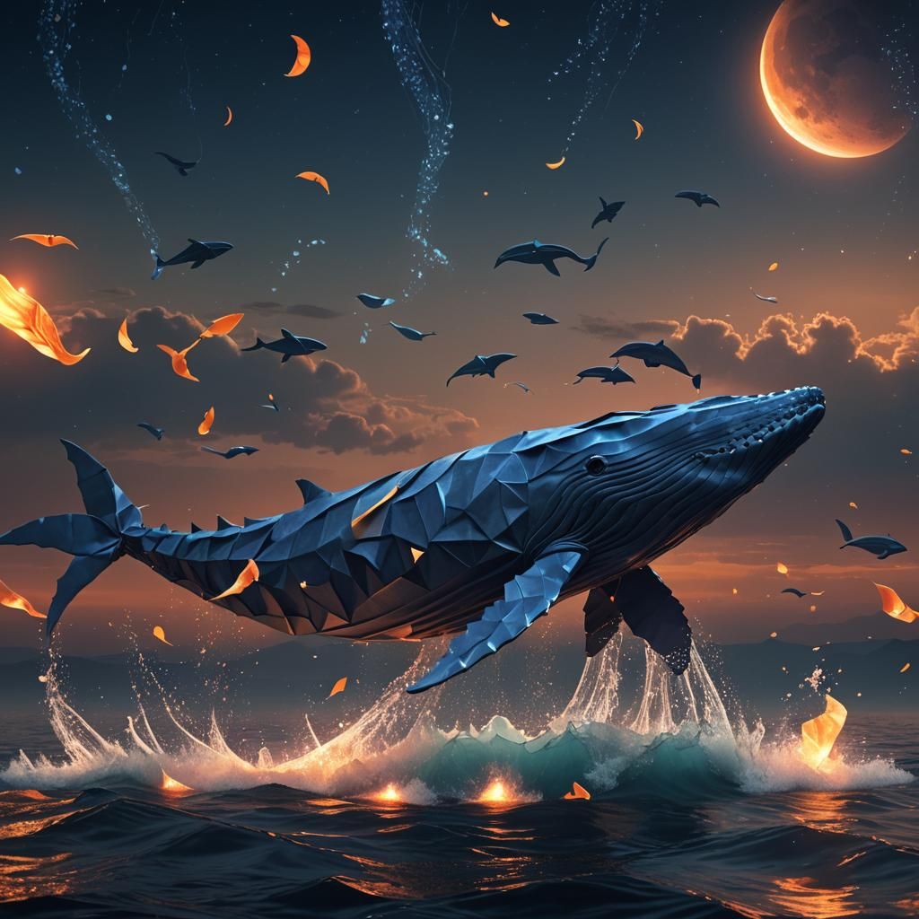 Majestic Origami Whale Flying Over Ocean at Night