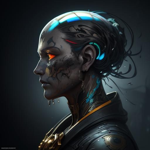 Hourglass Cyborg Portrait with Graffiti Art, Hyperrealistic