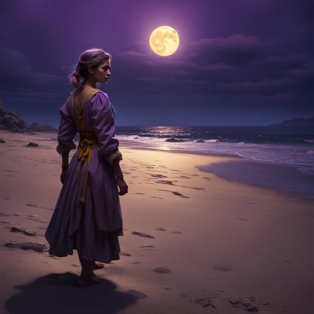 Moonlit Beach Peasant Girl in Dark Fantasy Style
