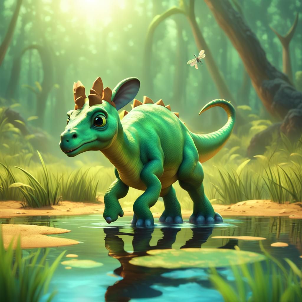 Baby Parasaurolophus Plays in Sunny Swamp: 3D Digital Art
