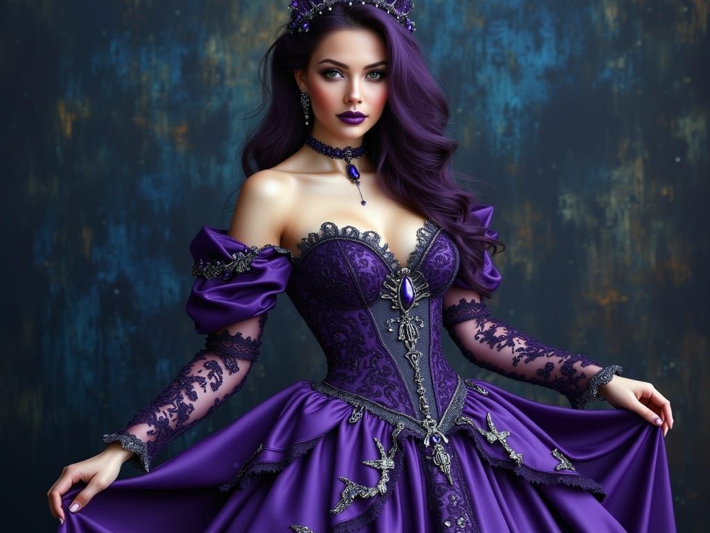 Gothic Elegance: Full-Figured Bride in Lavish Purple and Blu...