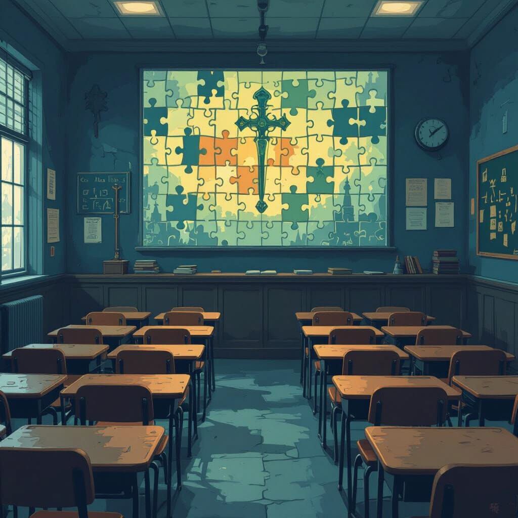 Mystical Classroom Background with Puzzles and Maces