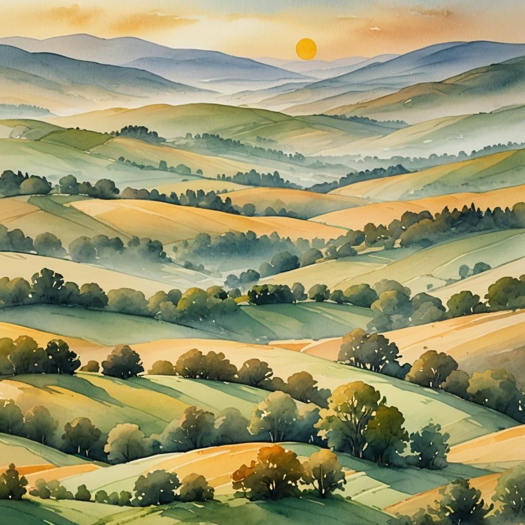 Watercolor Sunrise Over Misty Golden Hills