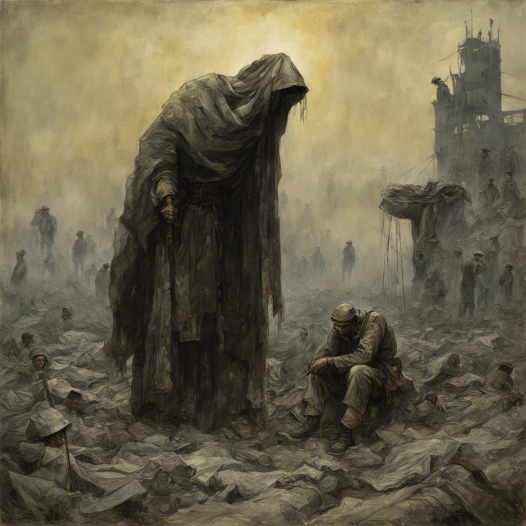 Somber Portrait of Defeated Soldiers with White Flag