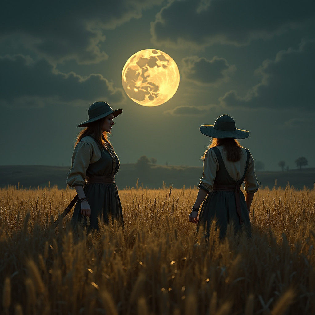Moonlit Women in Wheat Field, Old Painting Style