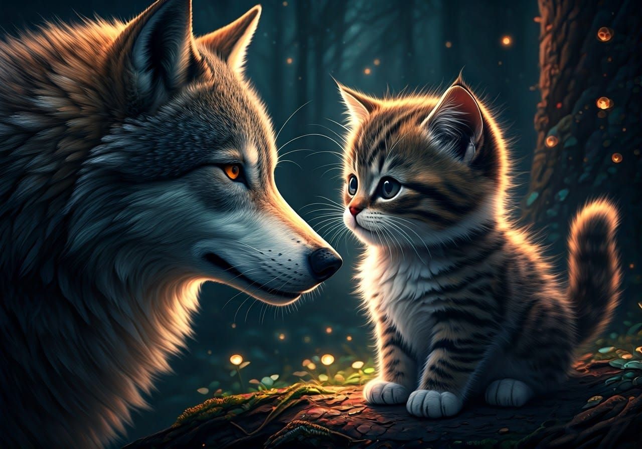 Kitten and Wolf Nose Touch in Fantasy Forest