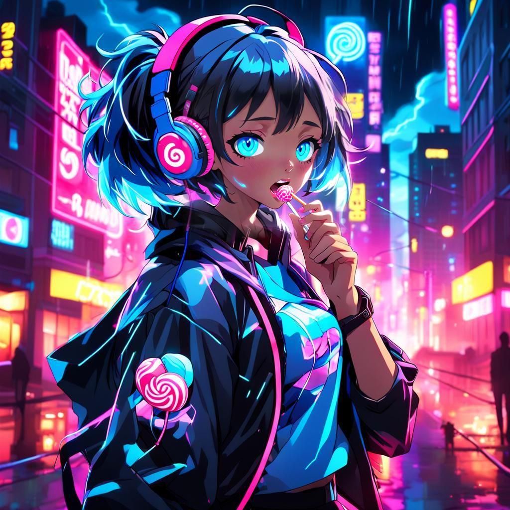 Anime Teen with Neon Accents in Stormy City