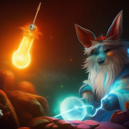 Wizard Bunny Casting Magic with Carrot Staff