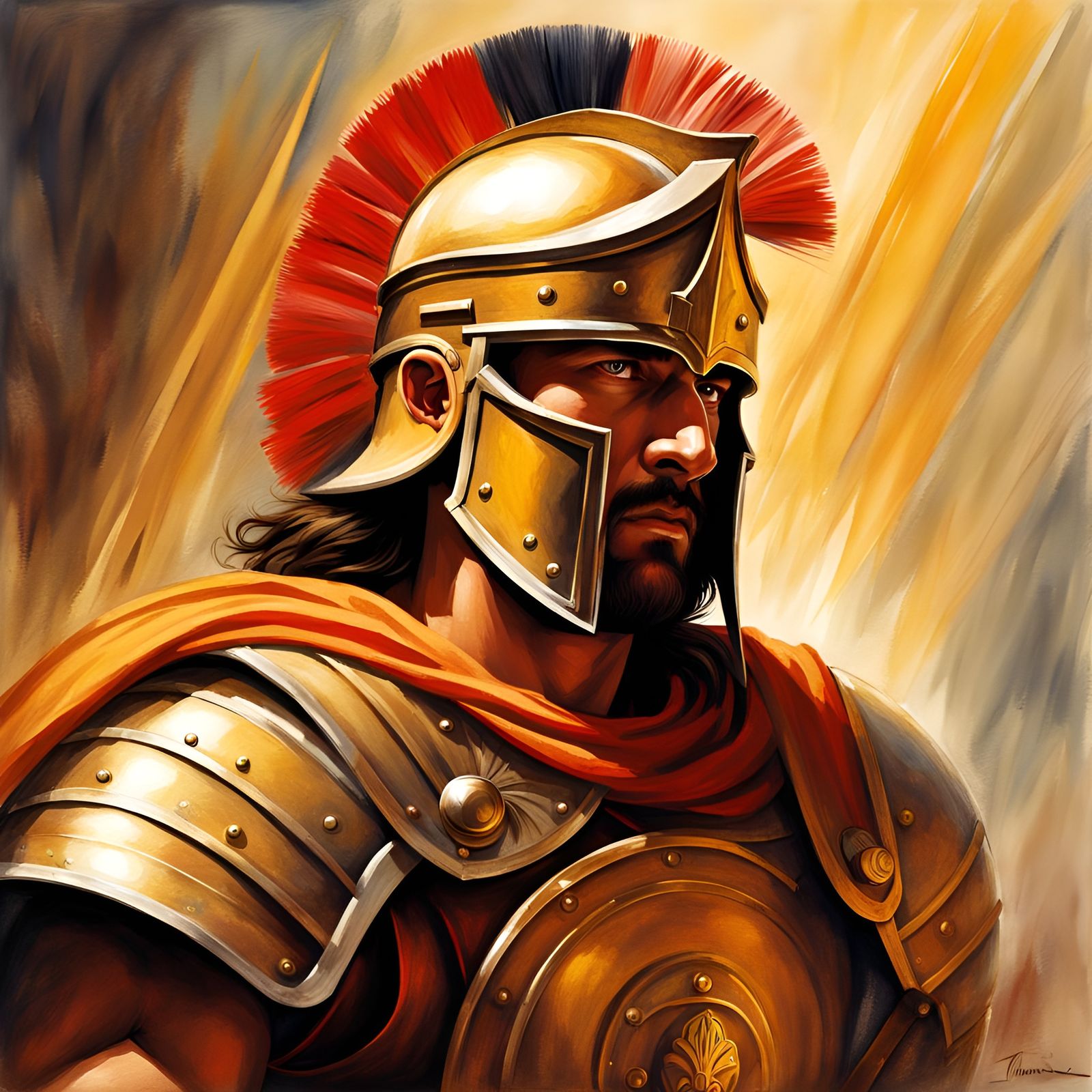 Roman Gladiator in Armor Bathed in Golden Light