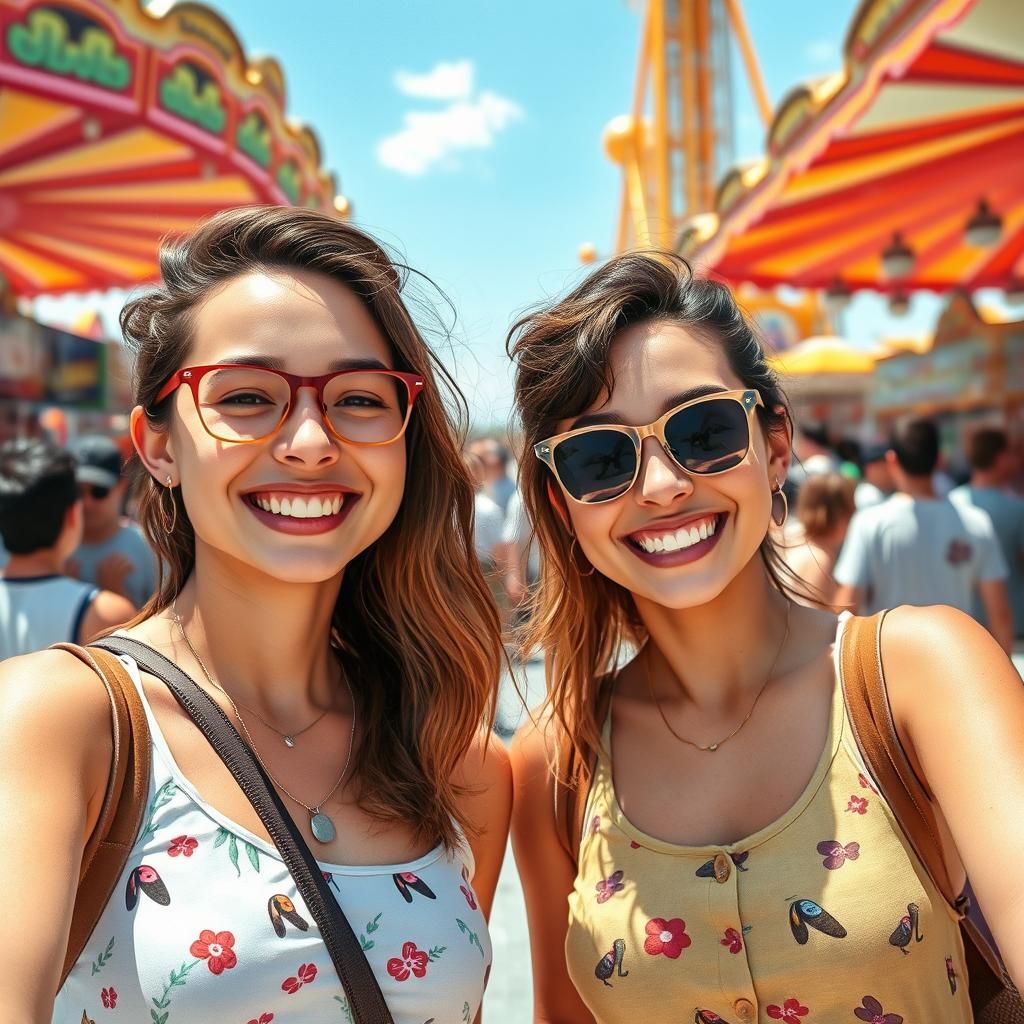 Friends at the Amusement Park in Cartoon Style