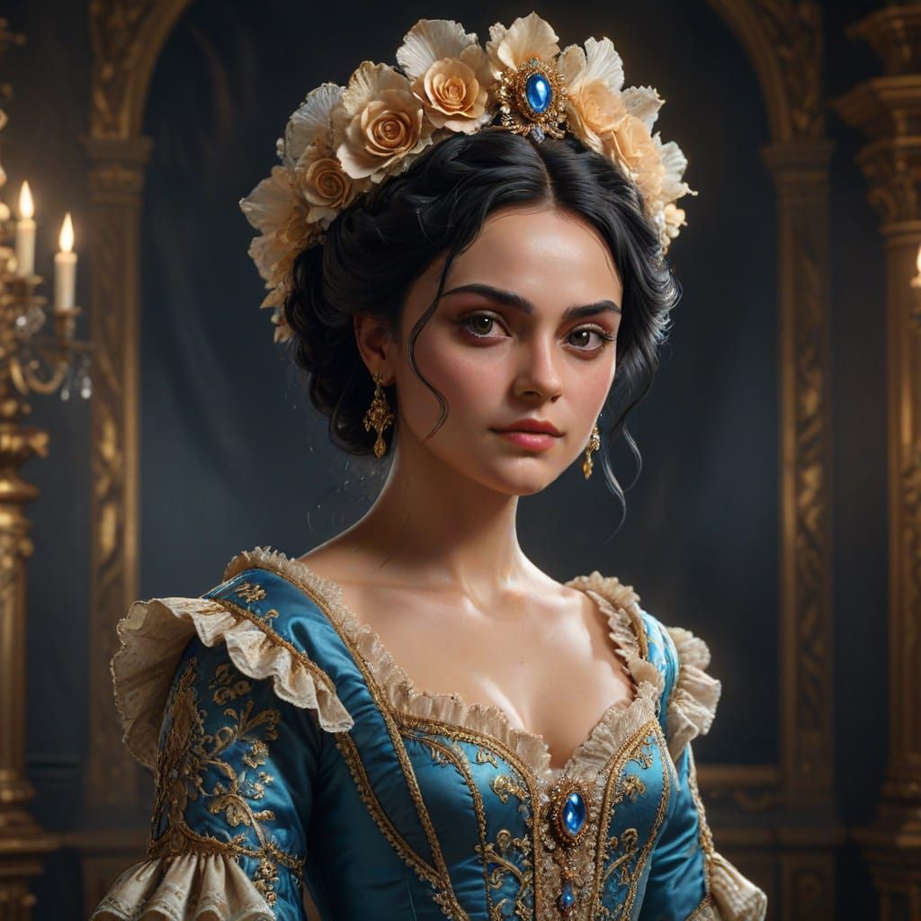 Rococo Noblewoman Portrait in Elaborate Gown and Haute Coutu...