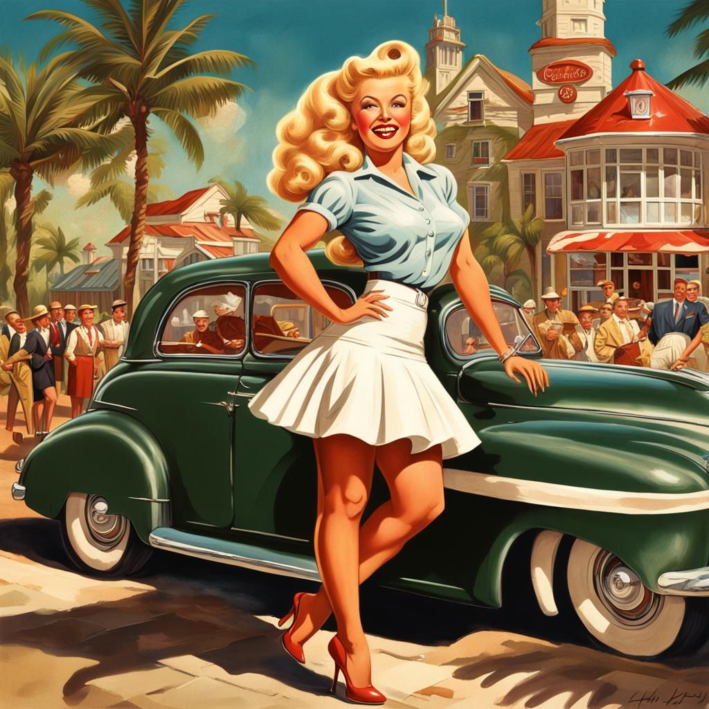 Voluptuous Blonde Woman in 1940s Pinup Illustration