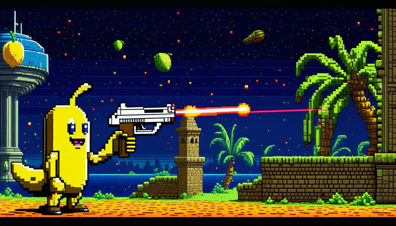 Banana with Lasergun in Pixel Art Style