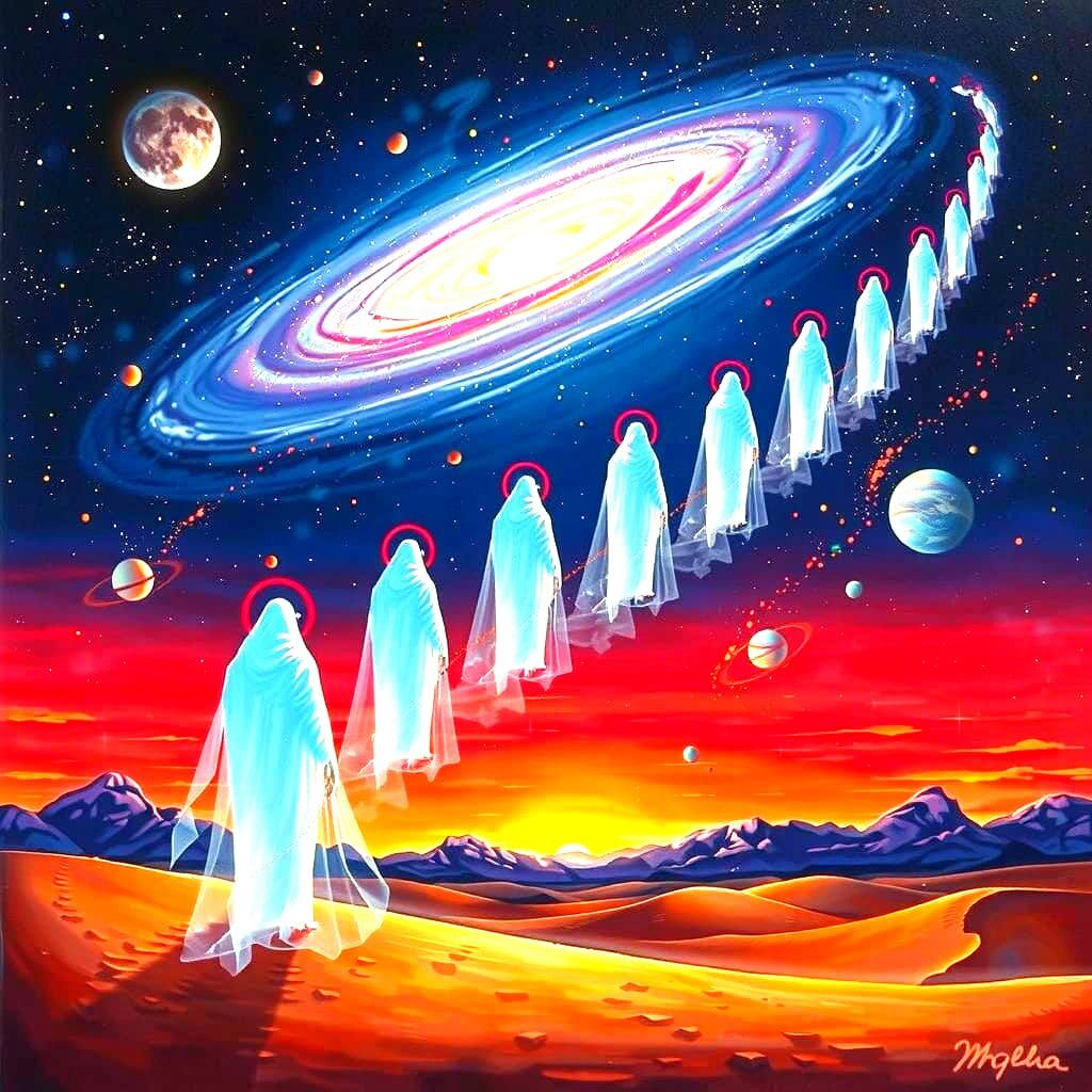 Ethereal Figures Ascend Towards Galaxy in Surreal Landscape