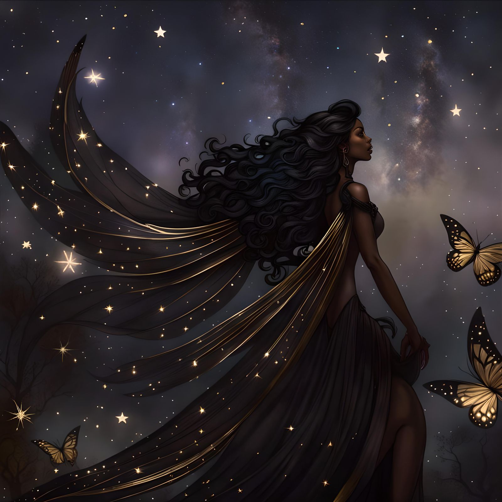 Black skinned faerie of the night, perfect wings, stars in b...