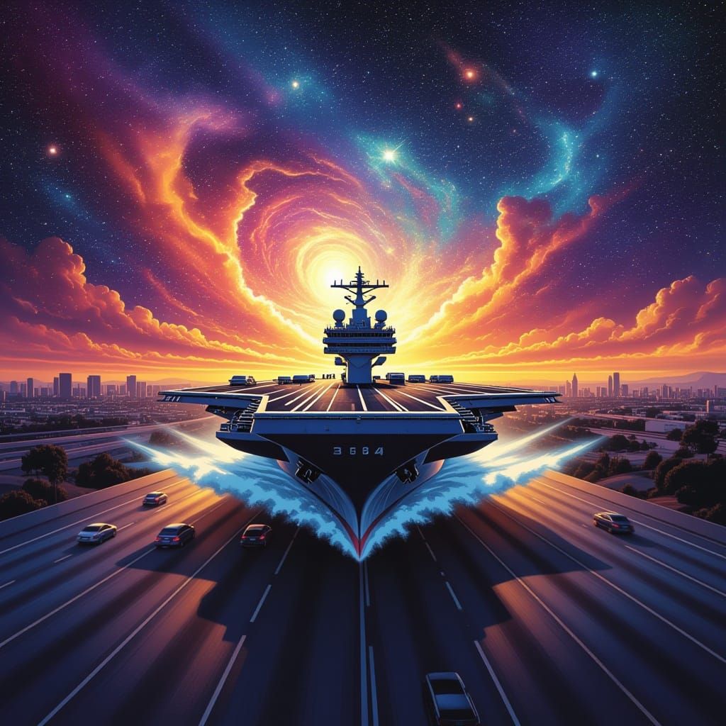 Aircraft Carrier Skids Down Freeway In Cosmic Astral Art