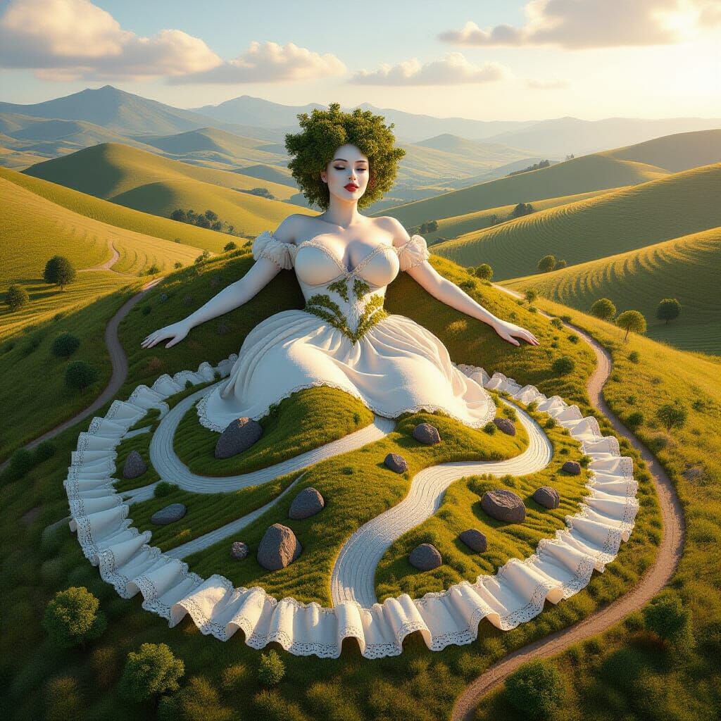 Surreal Giant Woman Merges with Landscape at Dawn