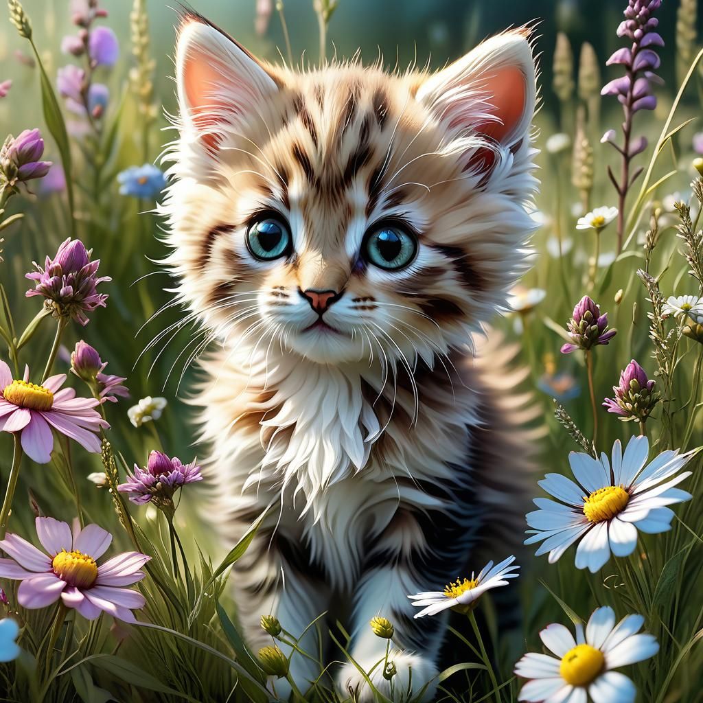 Cute Fluffy Kitten in Hyperdetailed Meadow