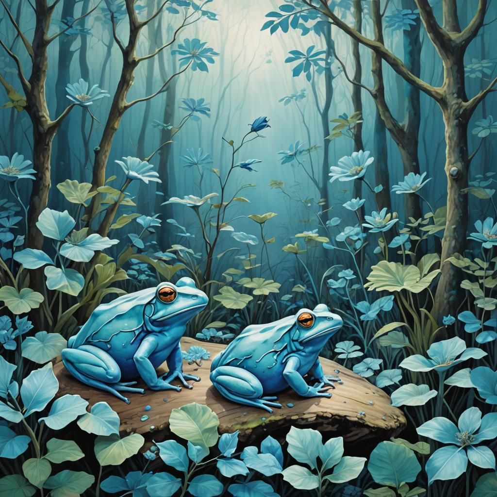 Blue Frogs in a Turquoise Forest