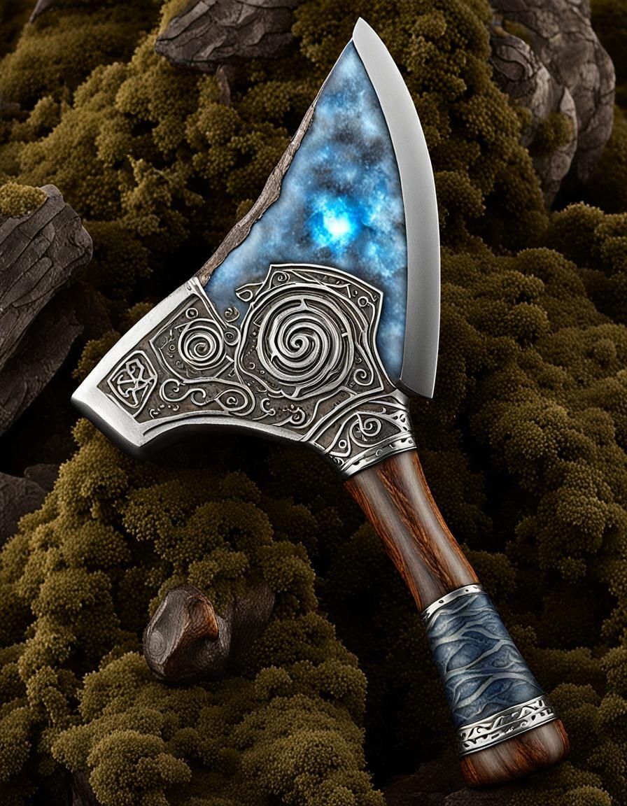 Runed Hand Axe with Flaming Blade in Dark Fantasy Style